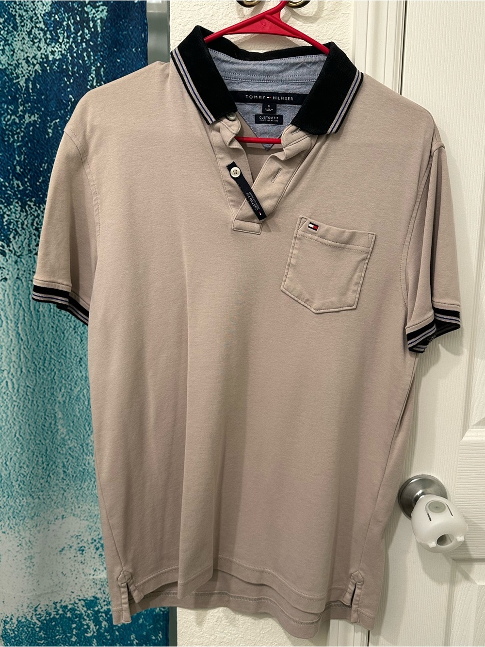 #28 Tommy Hilfiger Men’s Beige Polo with Black Contrast Collar